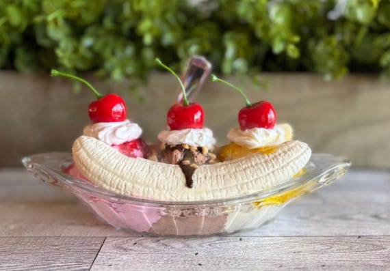 Fake Banana Split | Fake Ice Cream Decor | Dessert Bar | Photo Prop | Tiered Tray Decor | Cosplay | Vintage Glass