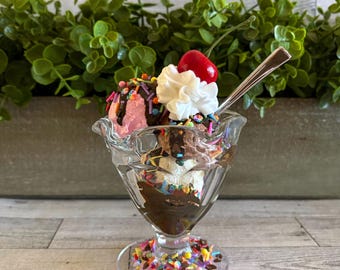 Fake Neapolitan Hot Fudge Sundae | Ice Cream Decor | Dessert Bar | Photo Prop | Tiered Tray Decor | Cosplay
