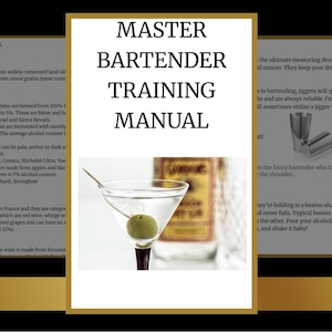 May include: A training manual titled "Master Bartender Training Manual" with a martini glass and olive in the center. The manual includes text about types of alcohol and bartending tools.