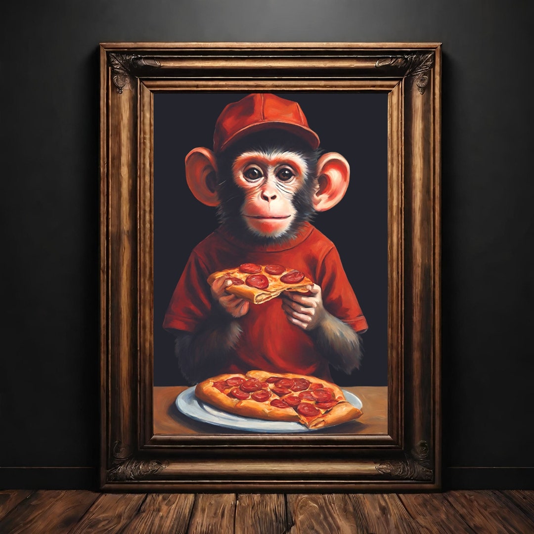 Monkey Eating Pizza Art Print: Surreal Foodie Wall Decor (digital