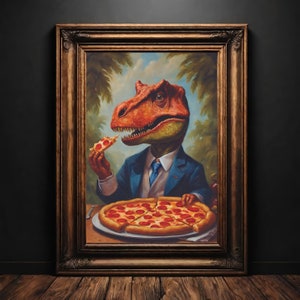 Herr Dino | Peperoni Pizza, Dinosaurier und Pizza, Pizza Liebhaber, Vintage Poster, Pizza Wandkunst, Dinosaurier isst Pizza, Fantasie