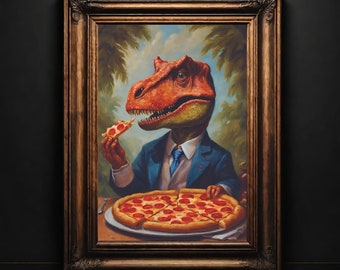 Mr. Dino | pepperoni pizza, dinosaurs and pizza, pizza lovers, vintage poster, pizza wall art, dinosaur eating pizza, fantasy