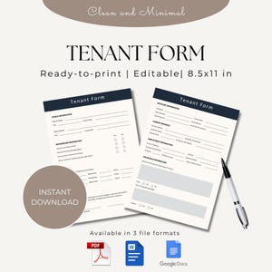 May include: A ready-to-print tenant form with a navy blue header, featuring sections for vehicle, background, and household information. The form is 8.5x11 inches and available in PDF, Word, and Google Docs formats. The words "Instant Download" are also visible.
