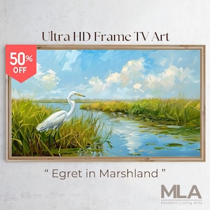 Samsung Frame TV Art Salt Marsh, Egret in Marshland, Acrylic, Summer Frame TV, Coastal Frame TV, Grandmillenial Frame Tv Art, Boho Tv Art