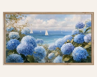 Hydrangea and Sailboat Frame TV Art Coastal Cottage Smart TV Art Nautical Ocean Sailboat 4K TV Artwork Digital Display Summer Decor Download