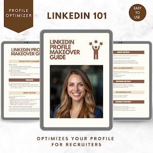 May include: Three digital tablets displaying a LinkedIn profile guide. The central tablet features a woman's portrait and the text "LinkedIn Profile Makeover Guide." The other tablets show profile optimisation tips. The text "Optimises Your Profile For Recruiters" is at the bottom.