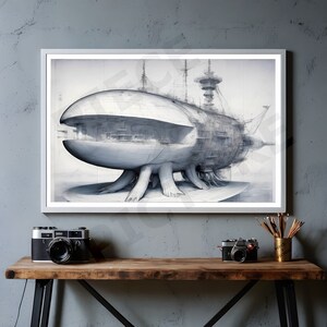 May include: A black and white line drawing of a futuristic spaceship with a large, open mouth and multiple legs. The spaceship is drawn in a detailed, technical style.
