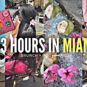 May include: A collage featuring a pink digital camera, a woman with a flower in her hair, coconuts, pink flowers, and a drink. The text "73 HOURS IN MIAMI" is prominently displayed, with "BRUNCH + POOL + YATCH" below.