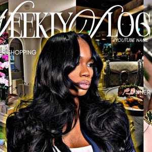 May include: A multi-panel image with the text "WEEKLY VLOG" and "FLOWER SHOPPING" and "DINNER". The image features a person in a pink outfit, a person with long black hair, a purse, and a hand with pink nail polish.