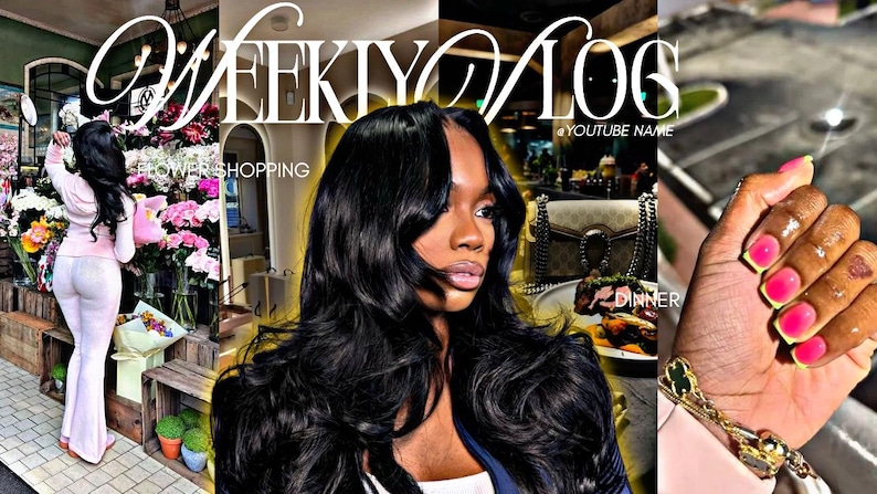 May include: A multi-panel image with the text "WEEKLY VLOG" and "FLOWER SHOPPING" and "DINNER". The image features a person in a pink outfit, a person with long black hair, a purse, and a hand with pink nail polish.