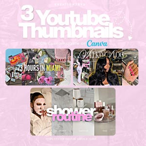Op de afbeelding: Roze en wit grafisch ontwerp met drie YouTube-miniatuurvoorbeelden. De miniaturen tonen lifestyle-content, waaronder reizen, vlogs en schoonheidsroutines. Tekst bevat "3 Youtube Thumbnails", "73 Hours in Miami" en "Shower Routine".