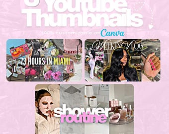 Pode incluir: Design gráfico rosa e branco com três modelos de miniaturas do YouTube. As miniaturas mostram conteúdo de estilo de vida, incluindo viagens, vlogs e rotinas de beleza. O texto inclui "3 Youtube Thumbnails", "73 Hours in Miami" e "Shower Routine".