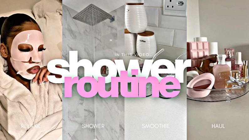 May include: A split image showcasing a self-care routine. One section features a person wearing a face mask, the text "RELAXIE" is below. Another section shows a shower head, with the text "SHOWER". The third section displays beauty products, with the text "HAUL". The words "shower routine" are in the center.