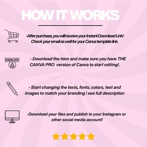 May include: Pink graphic with the text "HOW IT WORKS" and instructions for downloading and editing a Canva template. Includes icons of a shopping cart, download symbol, pencil, and computer monitor. Four gold stars are at the bottom.