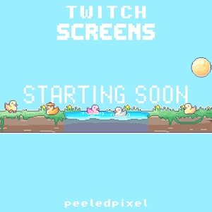 Könnte beinhalten: Pixel-Art-Twitch-Bildschirm mit dem Text "TWITCH SCREENS" und "STARTING SOON" auf hellblauem Hintergrund. In der Mitte befindet sich ein Teich mit Enten, und in der oberen rechten Ecke ist eine gelbe Sonne. Der Künstlername "peeledpixel" steht unten.