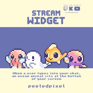 Könnte beinhalten: Ein Pixel-Art-Stream-Widget mit vier kleinen Meerestieren in einem violetten rechteckigen Kasten. Der Text lautet STREAM WIDGET, Twitch, Kick, YouTube Live, via Streamelements, When a user types into your chat, an ocean animal sits at the bottom of your screen, und peeledpixel.