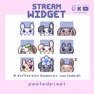 May include: A digital stream widget graphic featuring nine pixel art bunny characters in various colors and styles. The text reads STREAM WIDGET, TWITCH KICK YOUTUBE LIVE, via STREAMELEMENTS, 9 different bunnies included!, and peeledpixel.