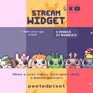 May include: A pixel art stream widget graphic featuring the text STREAM WIDGET, 3 MODES 27 BUNNIES, and hidden easter eggs included. The design displays six small pixelated bunnies in a row, with the text peeledpixel at the bottom.