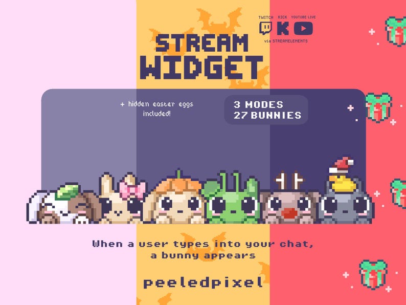 May include: A pixel art stream widget graphic featuring the text STREAM WIDGET, 3 MODES 27 BUNNIES, and hidden easter eggs included. The design displays six small pixelated bunnies in a row, with the text peeledpixel at the bottom.
