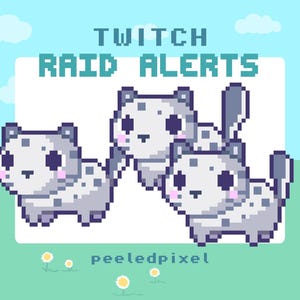 Könnte beinhalten: Pixel-Art-Grafik mit dem Text "TWITCH RAID ALERTS" über drei cartoonartigen Schneeleoparden-Kreaturen. Der Hintergrund ist ein hellblauer Himmel mit Wolken und eine grüne Wiese mit Blumen. Der Text "peeledpixel" befindet sich unten.