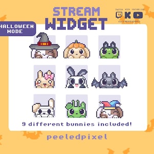 May include: A digital stream widget graphic featuring nine pixel art bunnies in various costumes, including a witch, pumpkin, bat, and jester. The text reads STREAM WIDGET, !HALLOWEEN MODE, 9 different bunnies included!, and peeledpixel.