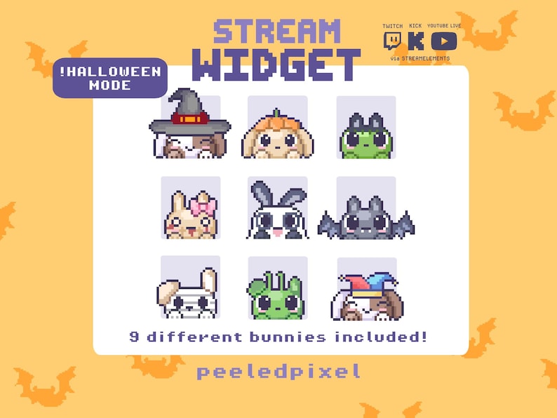 May include: A digital stream widget graphic featuring nine pixel art bunnies in various costumes, including a witch, pumpkin, bat, and jester. The text reads STREAM WIDGET, !HALLOWEEN MODE, 9 different bunnies included!, and peeledpixel.
