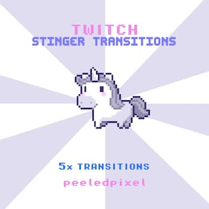 May include: A pixelated white unicorn graphic with the text "Twitch Stinger Transitions" and "5x Transitions". The background features a radial pattern in purple and white.