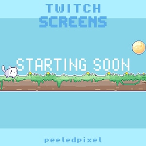 Może przedstawiać: Ekran Twitch w stylu pixel art z tekstem "TWITCH SCREENS" i "STARTING SOON" na jasnoniebieskim tle. Biały kotek znajduje się na trawiastym podeście z żółtym księżycem na niebie. Tekst "peeledpixel" znajduje się na dole.