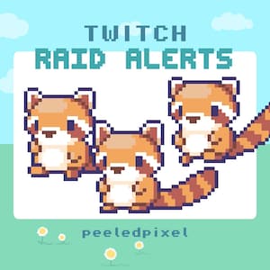 May include: A digital illustration featuring the text "TWITCH RAID ALERTS" and three pixelated red pandas. The background is light blue with white clouds and daisies. The text "peeledpixel" is at the bottom.