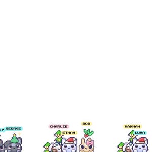 May include: A collection of pixel art characters featuring small animals with holiday accessories. Names including Fiona, Daisy, George, Charlie, Ethan, Bob, Hannah, Luna, Jack, and Alice are printed above each character in colorful rectangular labels.