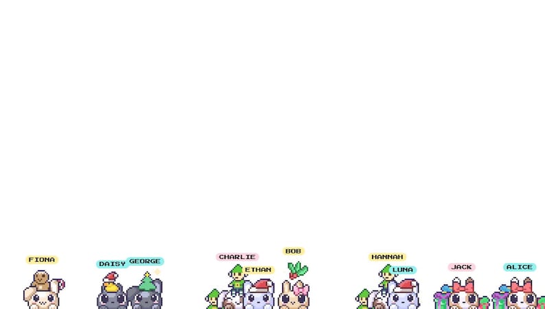 May include: A collection of pixel art characters featuring small animals with holiday accessories. Names including Fiona, Daisy, George, Charlie, Ethan, Bob, Hannah, Luna, Jack, and Alice are printed above each character in colorful rectangular labels.