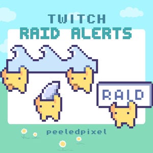 May include: Pixel art graphic with the text "TWITCH RAID ALERTS" and "RAID". The image features yellow characters with blue accents, a blue wave, and a green and blue background with flowers and clouds.