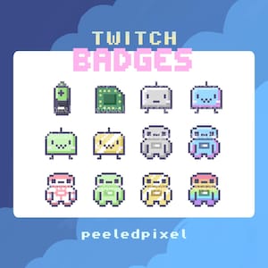 Może przedstawiać: Zestaw odznak Twitch w stylu pixel art, w różnych kolorach i wzorach. Odznaki obejmują baterię, płytkę drukowaną i kilka postaci przypominających roboty. Tekst "TWITCH BADGES" jest wyświetlany u góry, z nazwą artysty na dole.