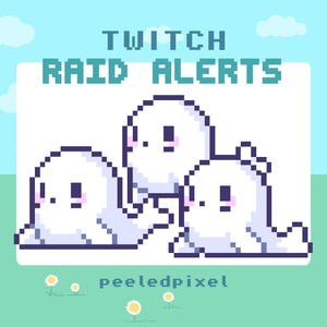 Può includere: Grafica digitale con la scritta "TWITCH RAID ALERTS" in turchese, con tre personaggi bianchi pixelati con guance rosa e occhi neri. Lo sfondo è azzurro con nuvole e fiori.