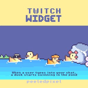 Könnte beinhalten: Pixelgrafik mit dem Text "TWITCH WIDGET" über einer blauen Teichszene. Vier Enten schwimmen im Wasser. Der Text unten lautet: "Wenn ein Benutzer in Ihren Chat tippt, beginnt eine Ente im Teich zu schwimmen."