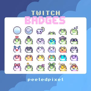 May include: A selection of pixel art Twitch badges showcasing different frog designs. The badges are in various colours and styles, including frogs with hats, bows, and sleeping. The text "TWITCH BADGES" is displayed at the top.