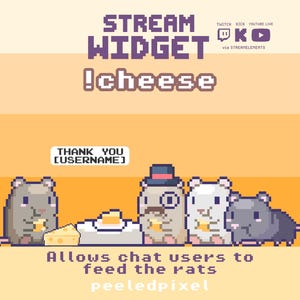 May include: A pixel art stream widget featuring the text STREAM WIDGET !cheese and icons for Twitch, Kick, and YouTube. Five rats are shown eating cheese, with one wearing a top hat and monocle. A speech bubble says THANK YOU [USERNAME].