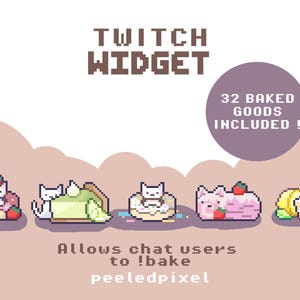 Pode incluir: Gráfico de pixel art para um widget do Twitch, com vários produtos de panificação com personagens de gatos. A imagem inclui o texto "Twitch Widget", "32 Baked Goods Included!" e "Allows chat users to !bake".