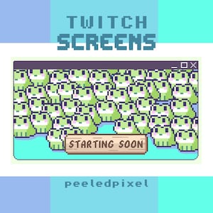 May include: A pixel art Twitch screen design featuring a pattern of light green frogs. The screen shows the text "STARTING SOON" on a wooden sign. The words "TWITCH SCREENS" and "peeledpixel" are also visible.