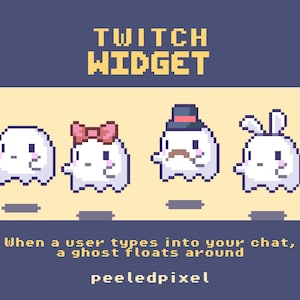 Könnte beinhalten: Pixel-Art-Grafik mit dem Text "TWITCH WIDGET" und vier Geisterfiguren. Die Geister haben verschiedene Accessoires: eine Schleife, einen Hut und Hasenohren. Der Text darunter lautet "When a user types into your chat, a ghost floats around." Der Verkäufername ist "peeledpixel."