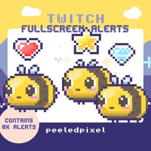 Puede incluir: Gráfico pixelado con tres abejas amarillas y negras, un corazón, una estrella y un diamante. El texto "TWITCH FULLSCREEN ALERTS" se muestra encima de los gráficos. La imagen también incluye el texto "CONTAINS 8X ALERTS" y "peeledpixel".
