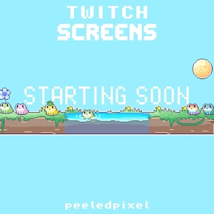 May include: Pixel art Twitch screen with the text "TWITCH SCREENS" and "STARTING SOON" on a light blue background. The image features a pixelated landscape with frogs, a pond, and a sun. The artist's name "peeledpixel" is at the bottom.