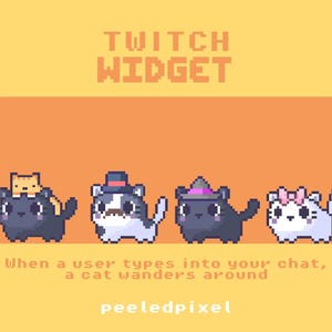 以下が含まれることがあります： アクセサリーをつけた4匹の猫のピクセルアートグラフィック。「TWITCH WIDGET」の文字が上部にあります。「When a user types into your chat, a cat wanders around」の文字が猫の下にあります。「peeledpixel」の文字が一番下にあります。