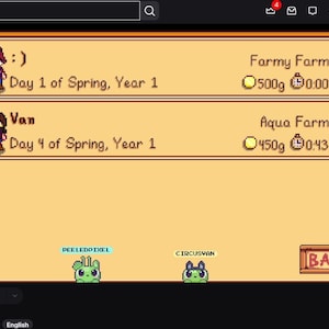 May include: A digital game menu screen featuring two save slots for Farmy Farm and Aqua Farm. Each slot displays a pixelated character, the current date of Day 1 or 4 of Spring, Year 1, gold currency amounts of 500g and 450g, and a timer icon.