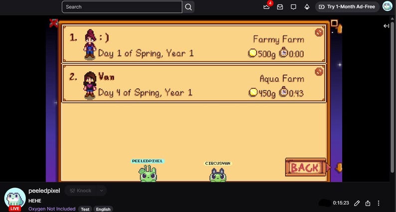 May include: A digital game menu screen featuring two save slots for Farmy Farm and Aqua Farm. Each slot displays a pixelated character, the current date of Day 1 or 4 of Spring, Year 1, gold currency amounts of 500g and 450g, and a timer icon.