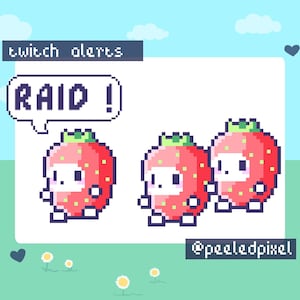 Strawberry Twitch Raid Alert Pack | Cute Animated Pixel Strawberry Bundle | Stream Animal Raid Overlay Assets | 3x Alerts