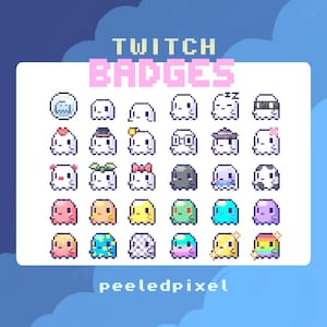 May include: A collection of pixel art Twitch badges featuring ghost characters with various accessories and expressions. The word "TWITCH BADGES" is displayed in pink pixelated text above the badges. The artist's name, "peeledpixel", is at the bottom.