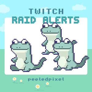 May include: Pixel art graphic with three light blue lizards, set against a light blue sky with clouds and flowers. Text reads "TWITCH RAID ALERTS" and "peeledpixel".