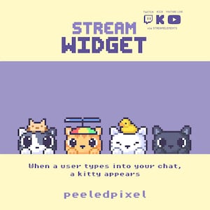 May include: A pixel art stream widget featuring four cats in a purple box. The cats include a grey and white cat with a small cat on its head, an orange cat with a propeller hat, a white cat with a yellow duck, and a black cat. Text reads STREAM WIDGET.