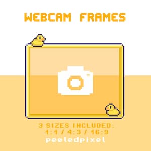 May include: A pixel art webcam frame featuring a yellow border with two small yellow rubber ducks in the corners. The center contains a white camera icon. Text reads: WEBCAM FRAMES, 3 SIZES INCLUDED: 1:1 / 4:3 / 16:9, and the brand name peeledpixel.